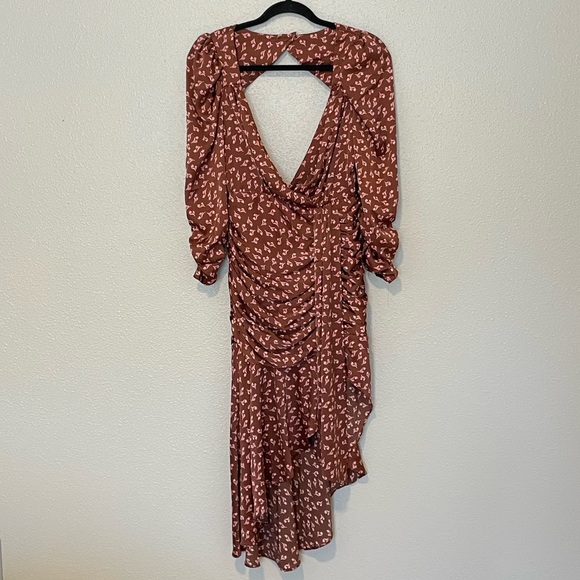 LUSH satin floral ruched Dress Womens Small Midi Asymmetrical Cut Out Back Brown - Picture 6 of 13